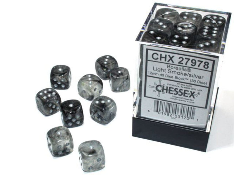 Chessex Borealis 12mm d6 Light Smoke/Silver Luminary Dice Block (36 dice)